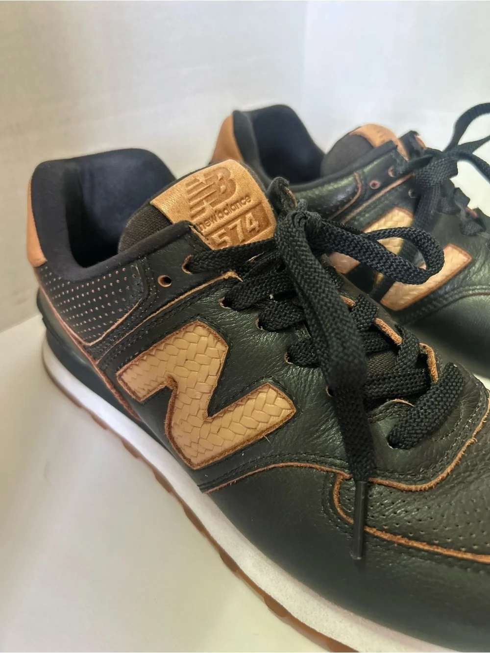 Rare New Balance 574 Leather Black Sneakers with Tan Leather Accents